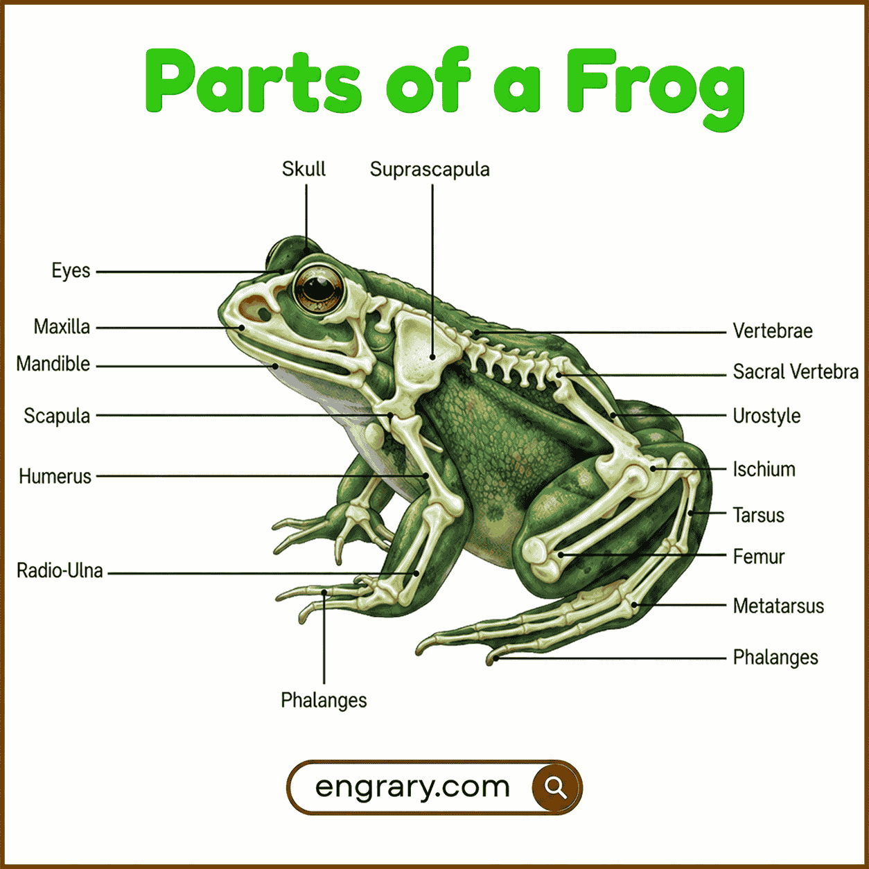 main parts of a frog showing head eyes nostrils mouth legs and internal organs