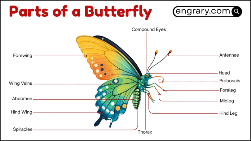 Parts of a butterfly labeled diagram showing head, antennae, wings, legs, abdomen, and body sections