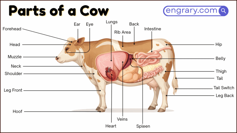 Cow body parts 70 plus names with functions chart showing head parts, body parts, leg parts, udder parts, tail parts, and internal organs