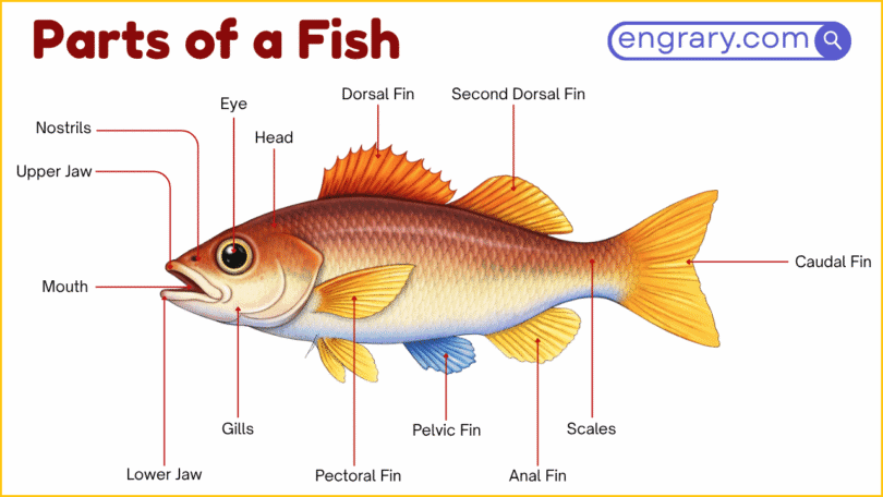 Parts of a fish with labeled diagram showing the head, fins, gills, scales, lateral line, tail, and internal organs