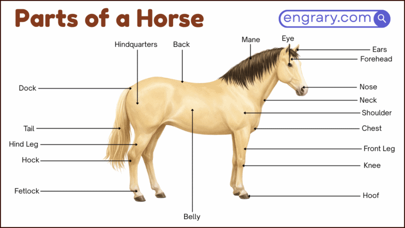 Parts of a horse labeled diagram showing head, neck, body, legs, hoof, and tail