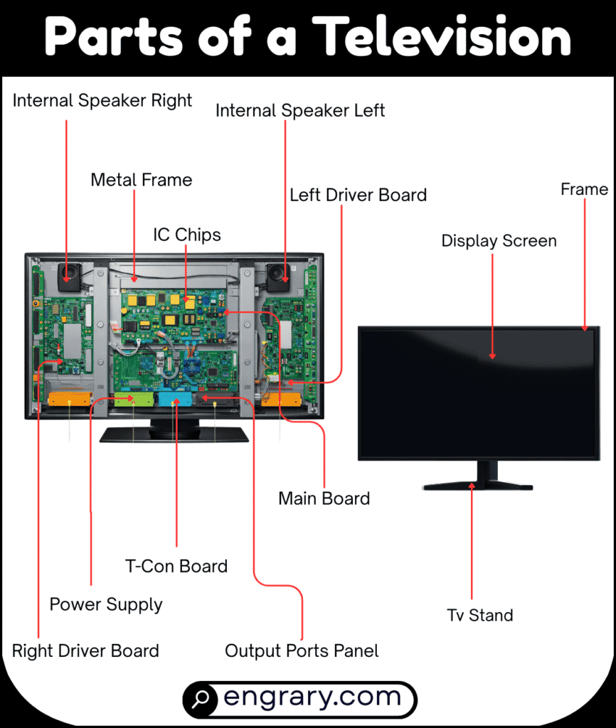 Complete list of television parts with pictures showing TV names including screen parts, ports, internal hardware, and stand areas