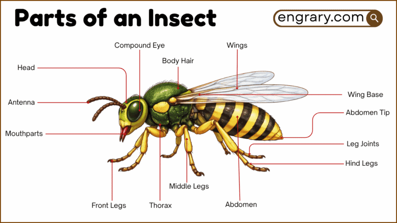 Parts of an insect with names, functions, and labeled diagram showing the head, thorax, abdomen, antennae, eyes, mouthparts, legs, wings, and spiracles