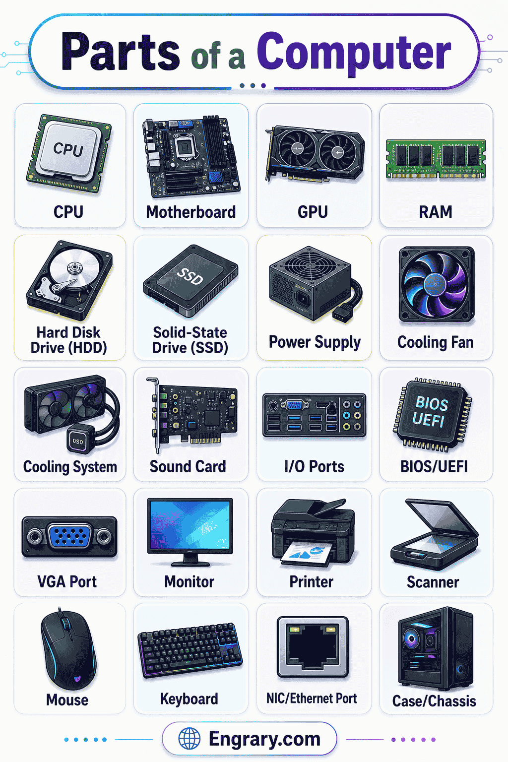 Complete list of computer parts names with functions and pictures showing input parts, output parts, internal parts, storage parts, power parts, and connectivity parts