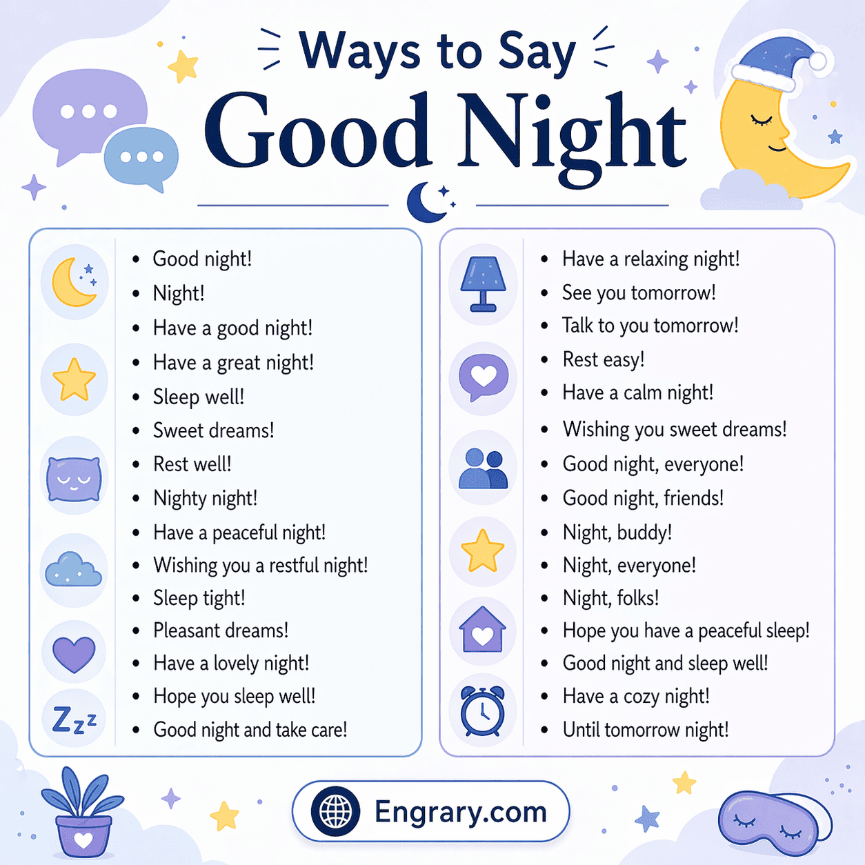 Complete list of other ways to say good night in English with examples for every situation