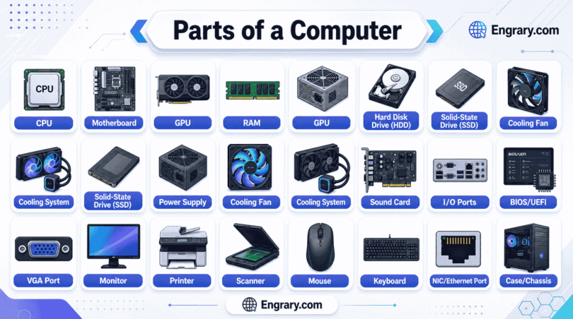 Parts of a computer with names, functions, and labeled diagram showing the system unit, monitor, keyboard, mouse, motherboard, CPU, RAM, storage drive, and ports