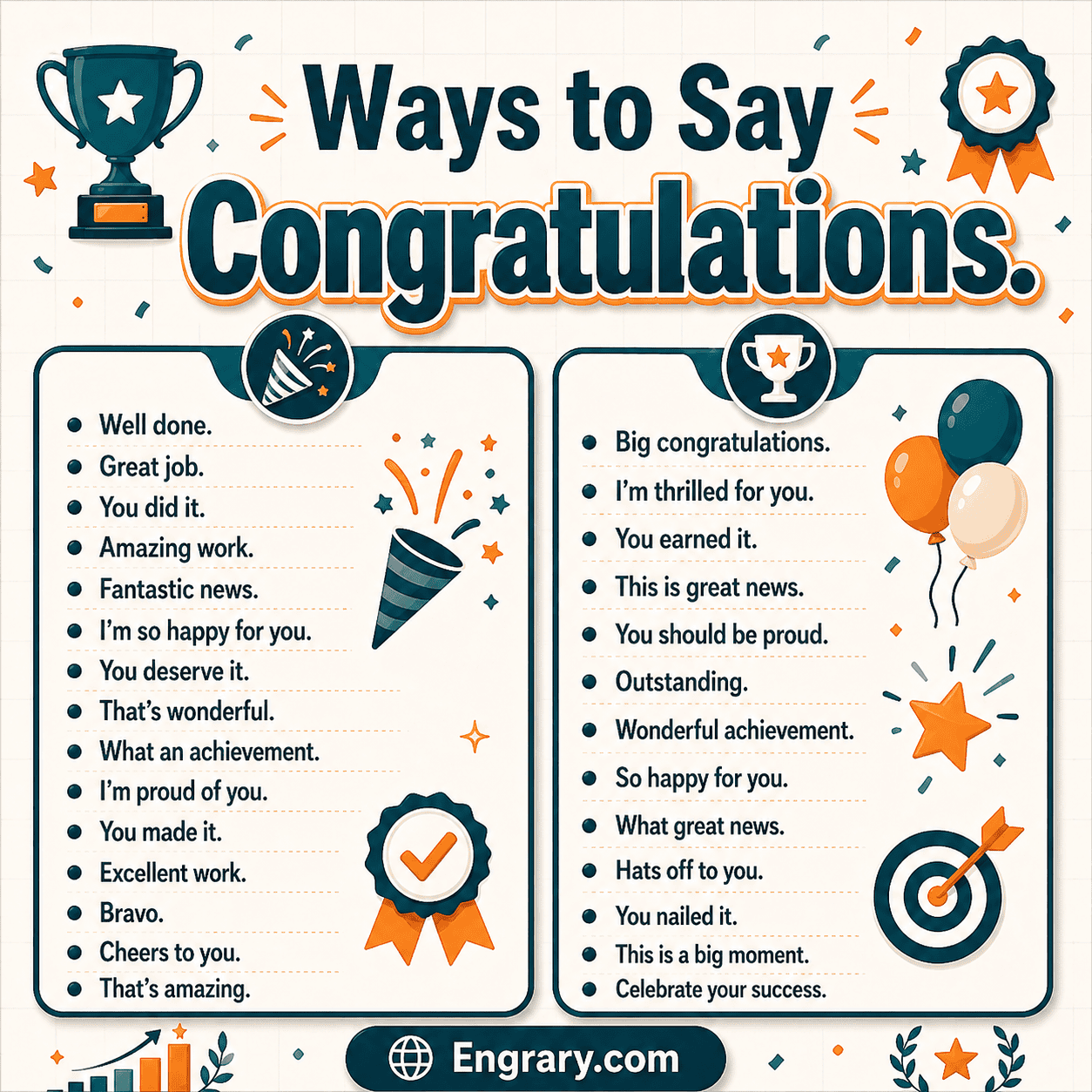 100 ways to say congratulations in English with examples for achievements, promotions, graduations, weddings, new babies, and success.