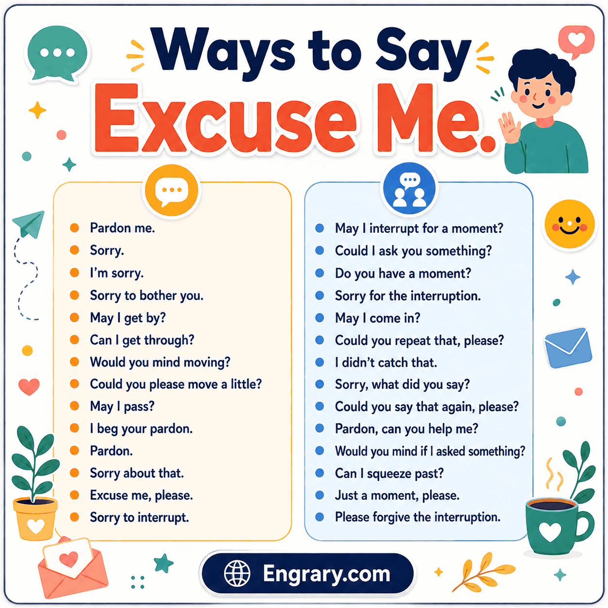 Common ways to say excuse me with meaning in English for polite casual formal and everyday situations