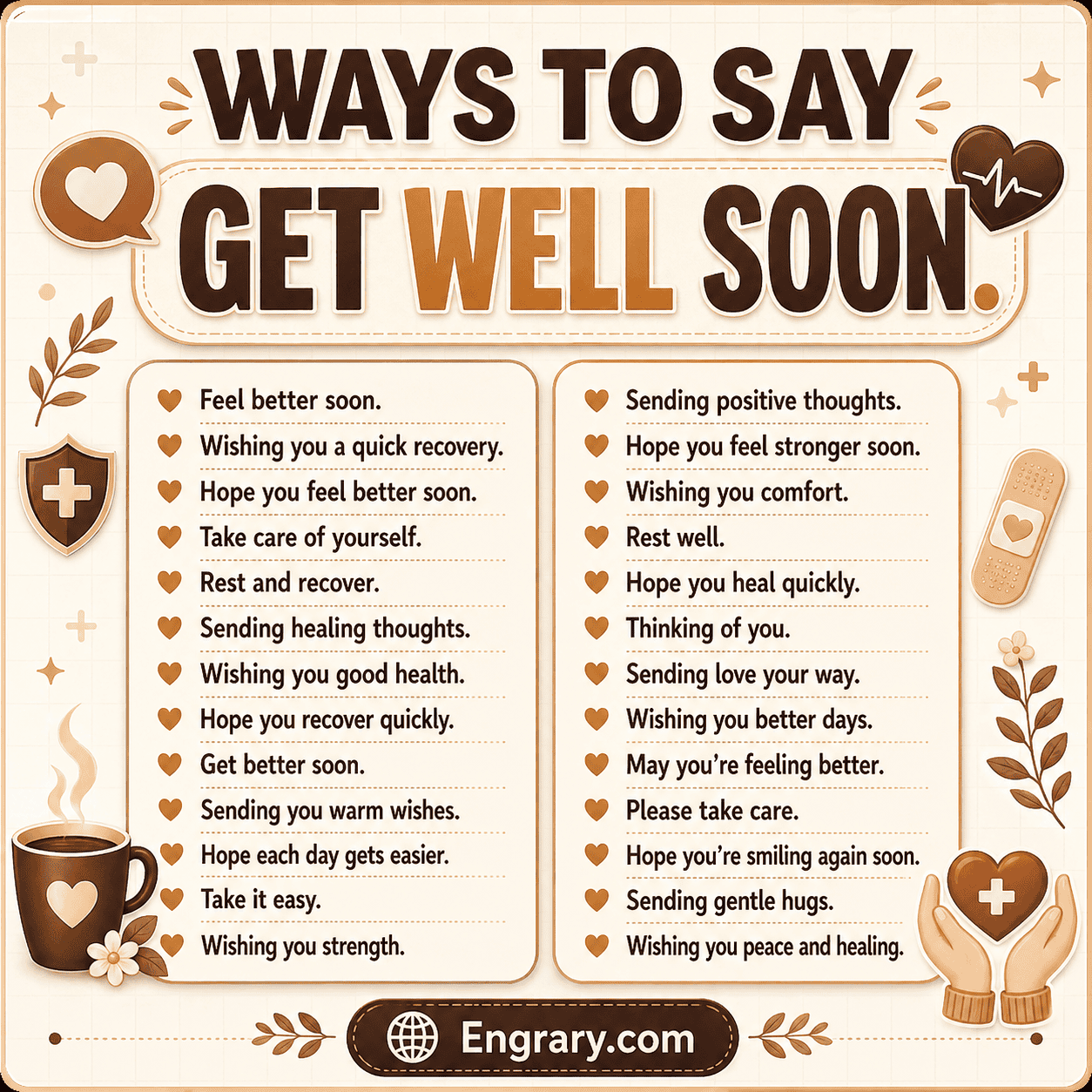 Other ways to say get well soon with care and comfort, including gentle recovery wishes for illness, surgery, healing, and support.