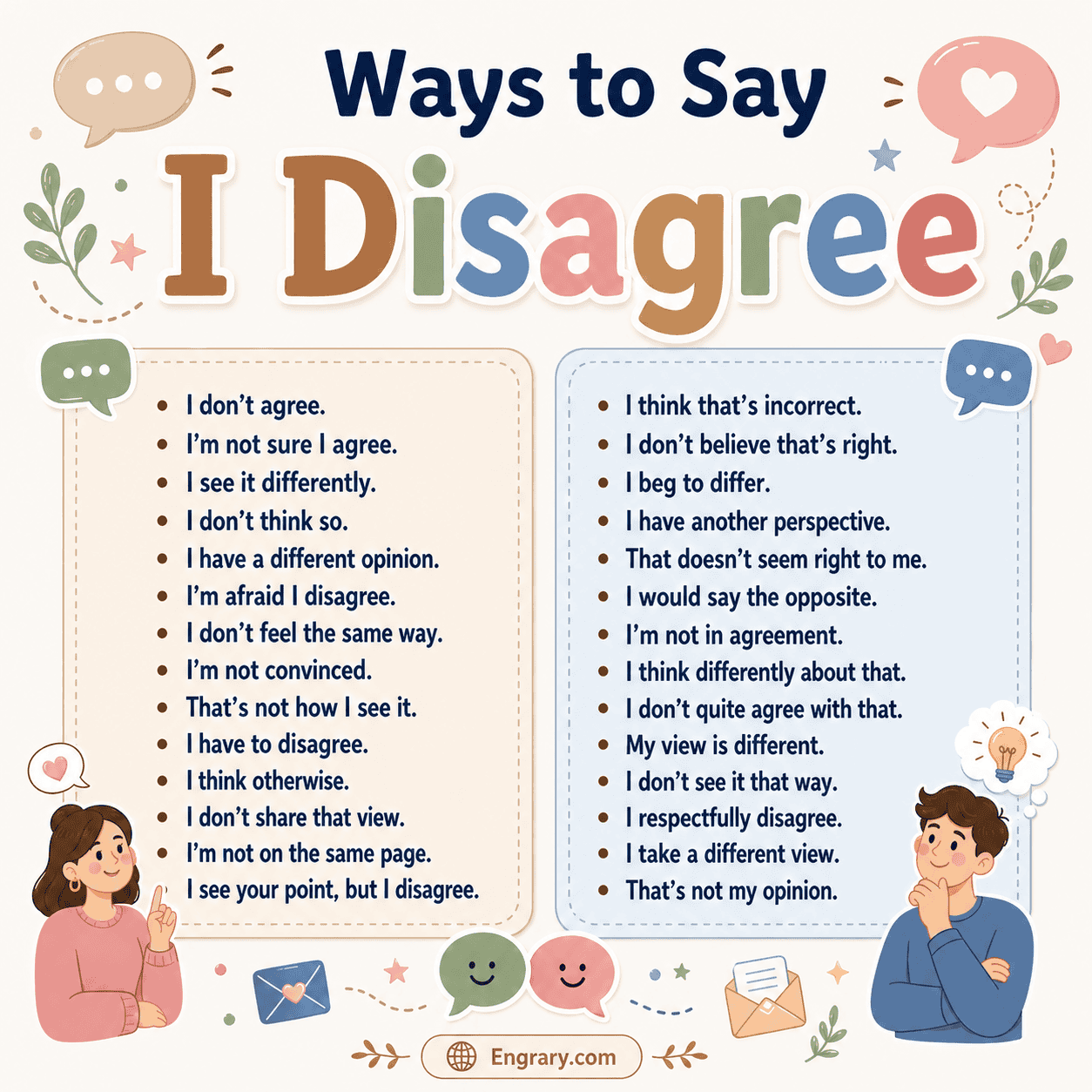 Complete list of other ways to say I disagree in English for polite and formal situations