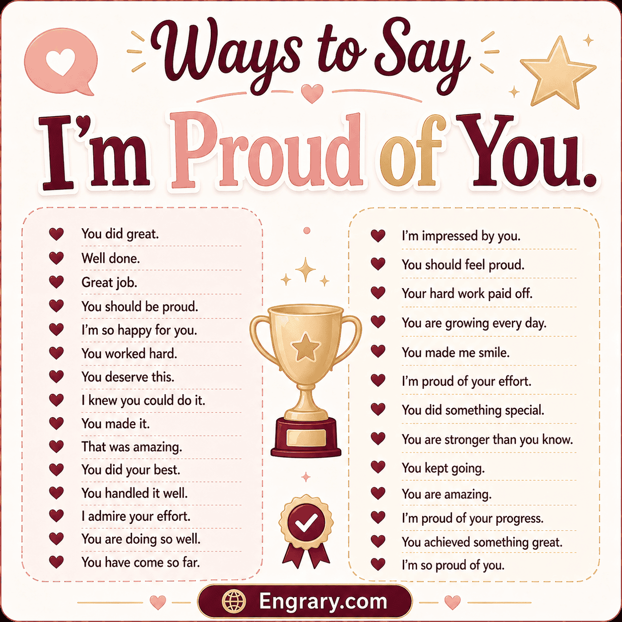 100 heartfelt ways to say I’m proud of you with examples for success, effort, growth, courage, and support.