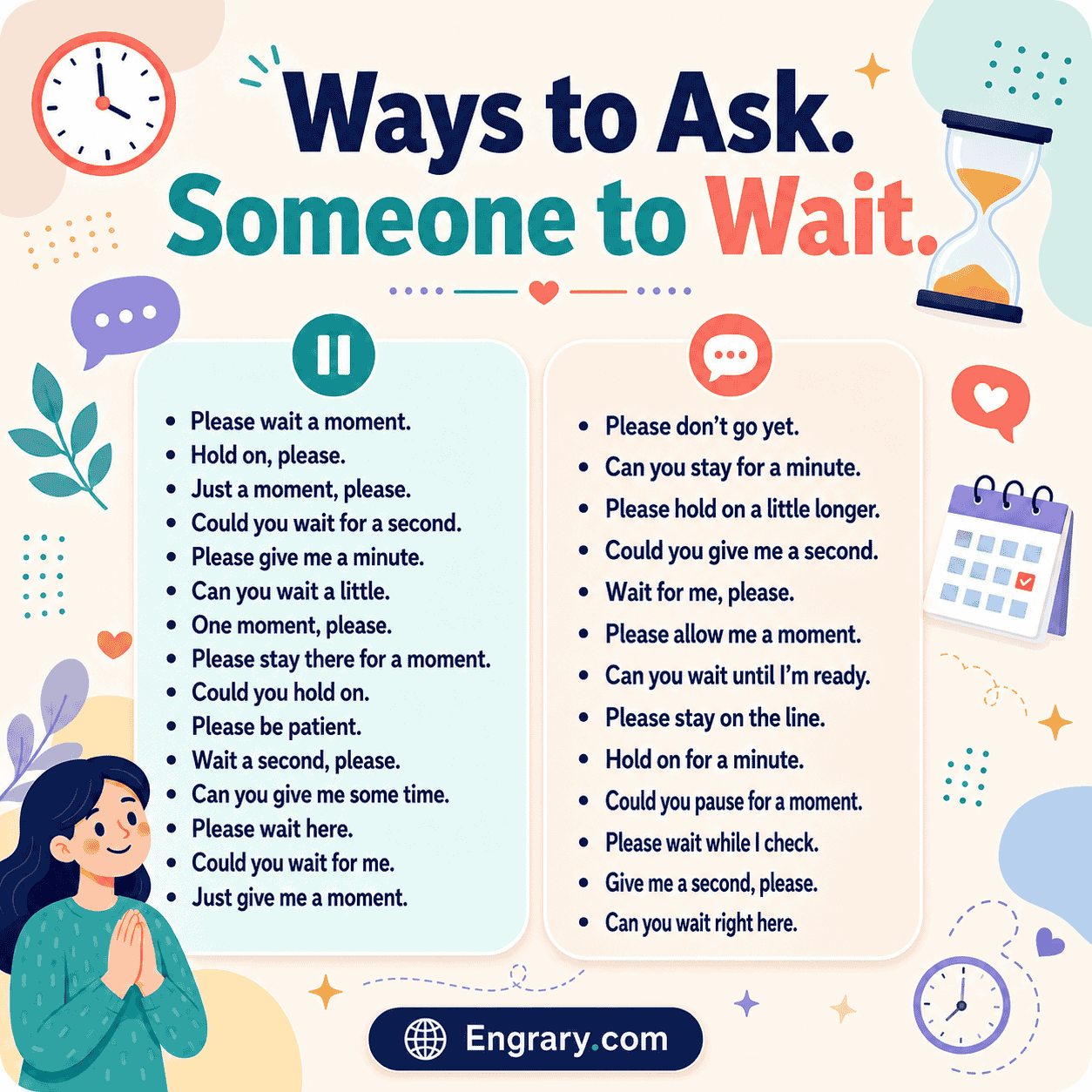 Better ways to ask someone to wait in English with polite, casual, professional, and text-ready waiting phrases.