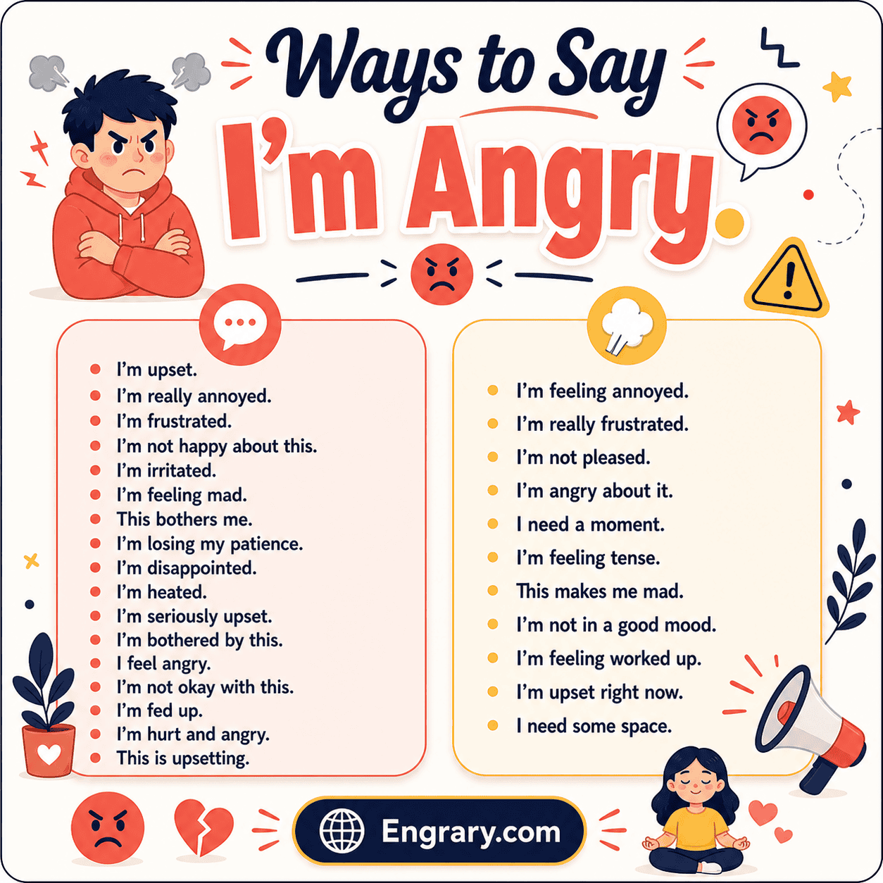 Calm ways to express anger in English with polite phrases for frustration, disappointment, unfairness, boundaries, and difficult conversations.