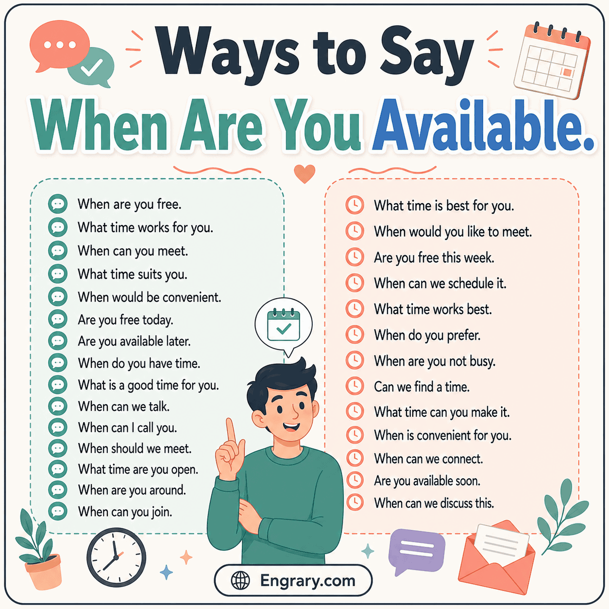 100 ways to say “When are you available?” in English with polite phrases for emails, meetings, calls, interviews, scheduling, and text messages.
