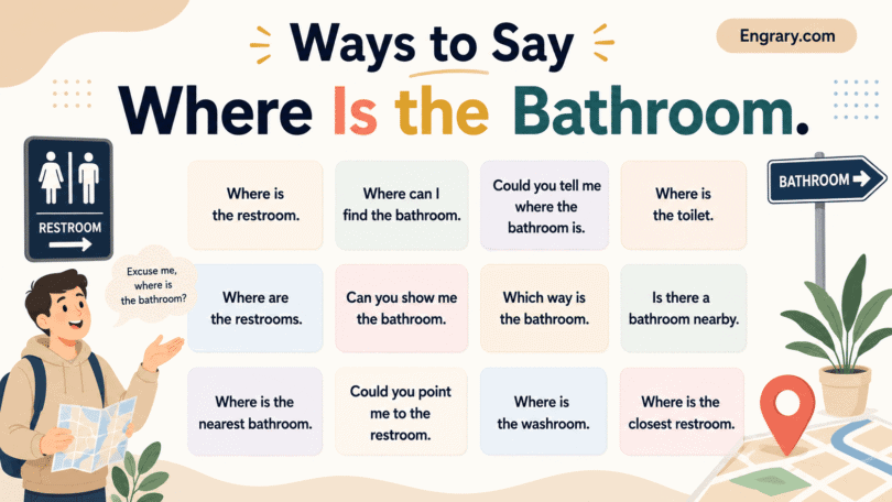 Polite ways to ask “Where is the bathroom?” in English with restroom phrases for restaurants, stores, airports, hotels, homes, and public places.