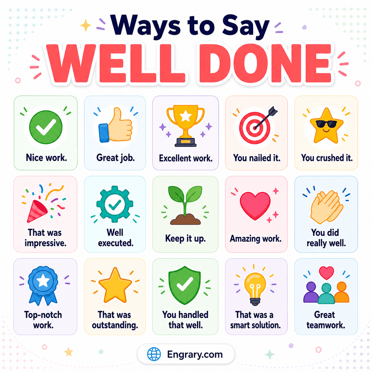 Other ways to say well done in English with simple, professional, casual, and encouraging praise phrases.