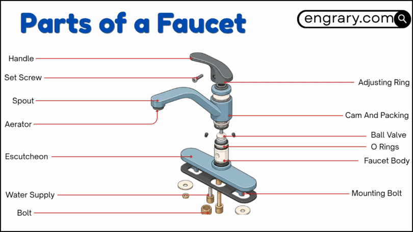 parts of a faucet with labeled diagram showing handle spout aerator cartridge valve and supply lines