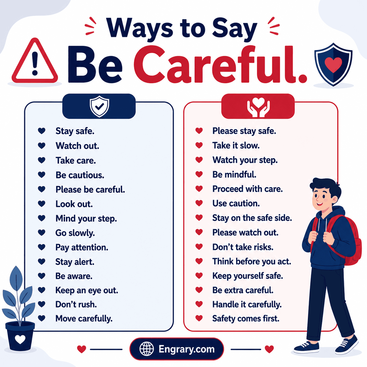 Be careful alternatives for safety and work in English with polite, natural, and professional warning phrases.