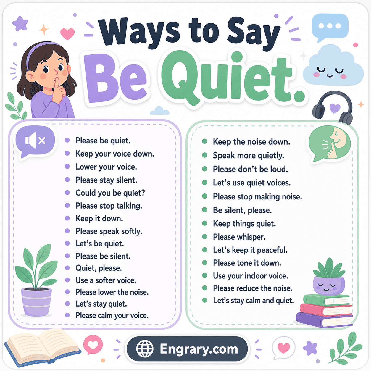 Other ways to say “be quiet” in English with polite, professional, classroom, parent-friendly, casual, and text-friendly phrases.