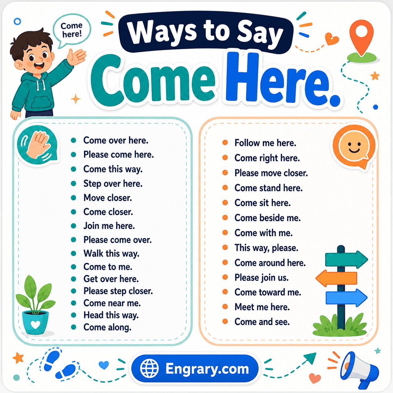 66 ways to say “come here” in English for polite, professional, casual, gentle, affectionate, text, directional, and urgent situations.