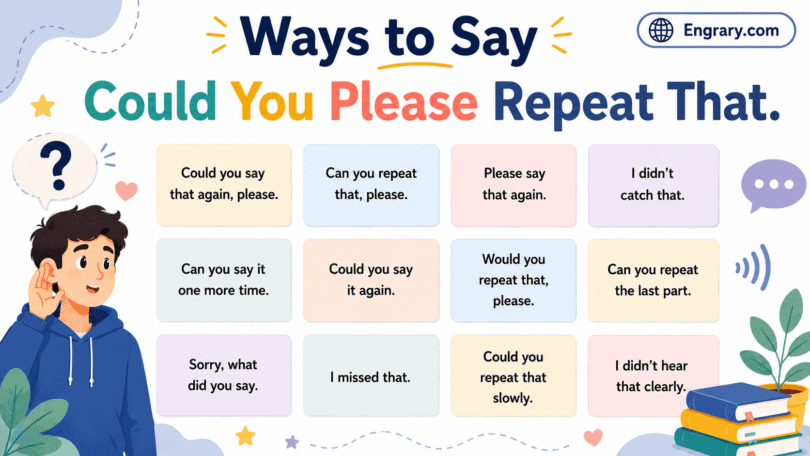 Infographic showing 80 ways to say “Could you please repeat that” in English