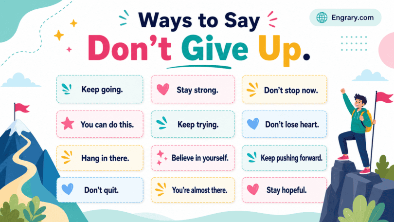 100 better ways to say “don’t give up” in English with gentle, supportive, professional, casual, motivational, and text-friendly phrases.