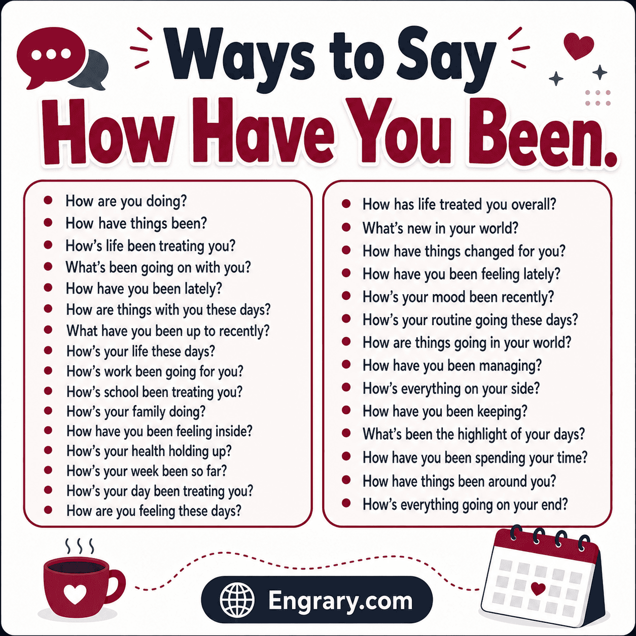 60 how have you been alternatives in English with polite, casual, professional, warm, and friendly check-in phrases.