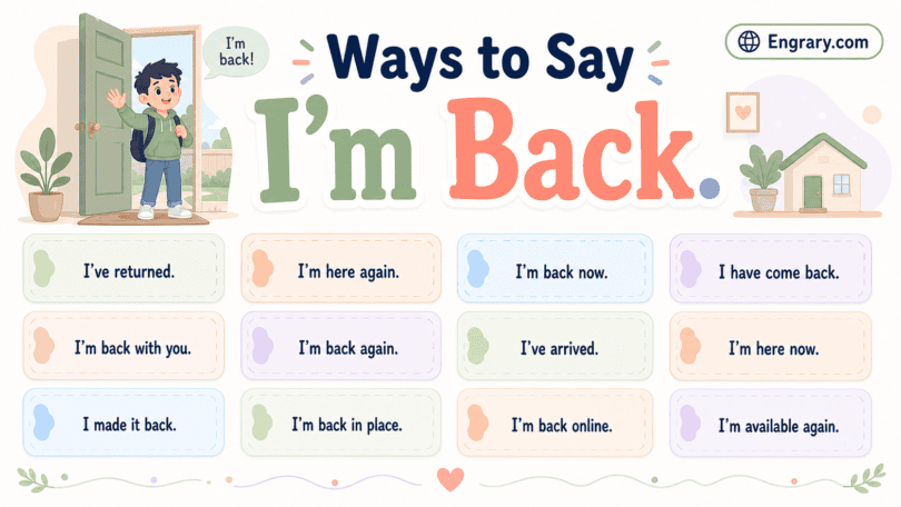 Other ways to say “I’m back” in English with polite, professional, casual, work, online, vacation, recovery, and comeback phrases.
