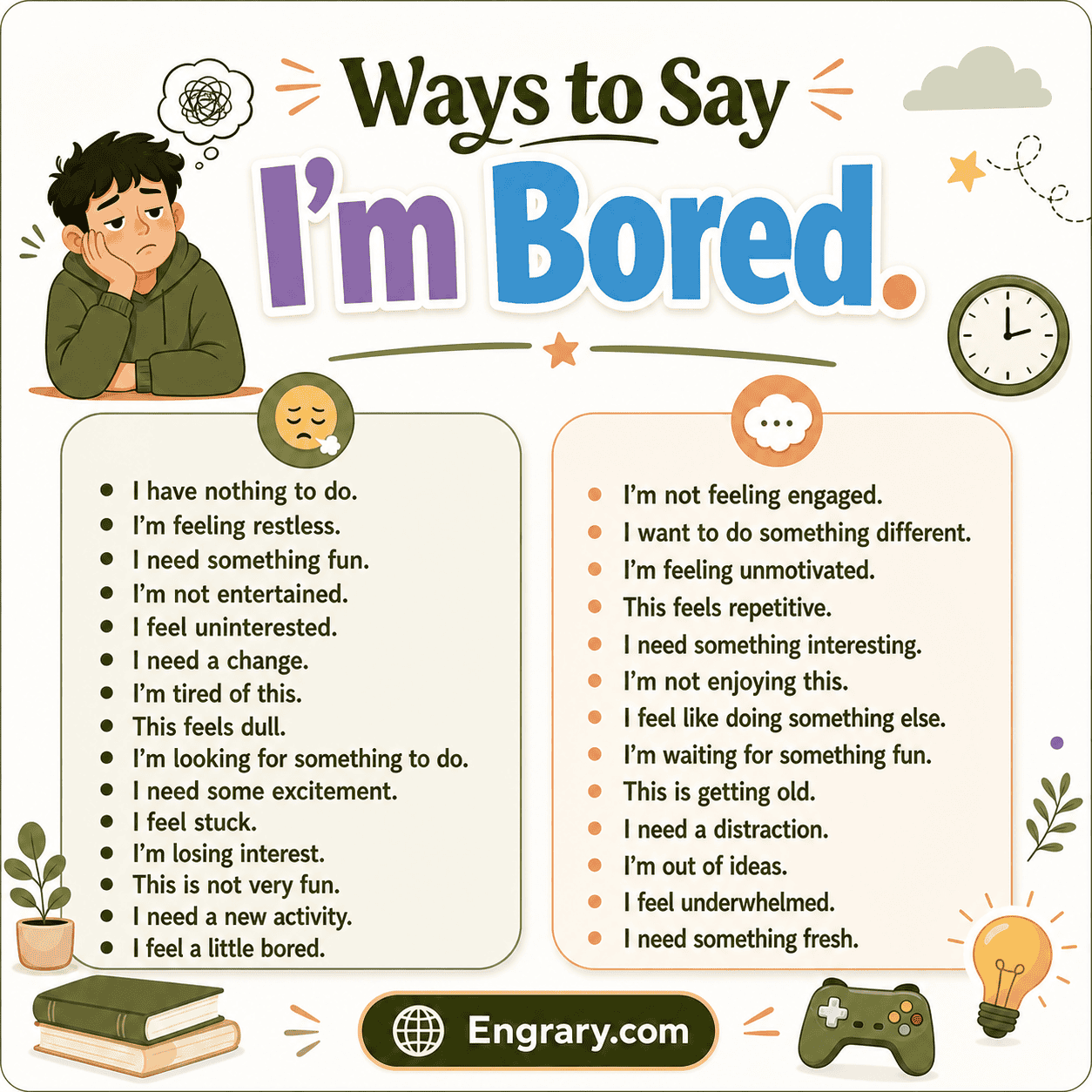 Polite and funny ways to say “I’m bored” in English with casual, professional, classroom, text, routine, and boredom-at-home phrases.