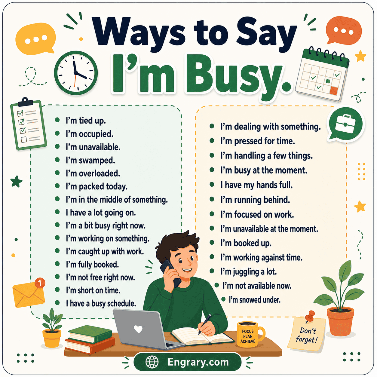 I’m busy alternatives for work, texts, and daily English with polite, professional, casual, and respectful busy phrases.