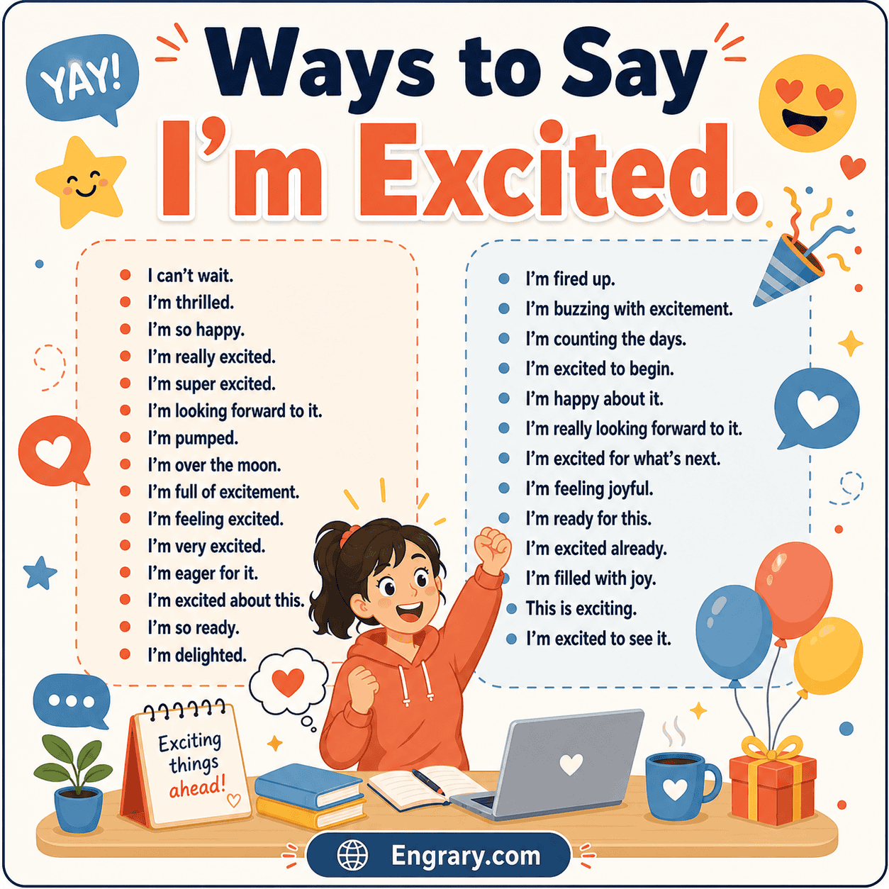 100 better ways to say “I’m excited” in English for casual, professional, funny, romantic, and emotional situations.