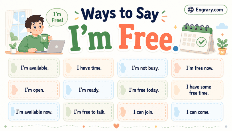 Other ways to say “I’m free” in English with polite, professional, casual, meeting, call, job, calendar, and social-plan phrases.