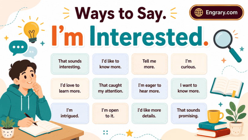 Other ways to say “I’m interested” in English with professional, romantic, curious, business, job application, and text phrases.