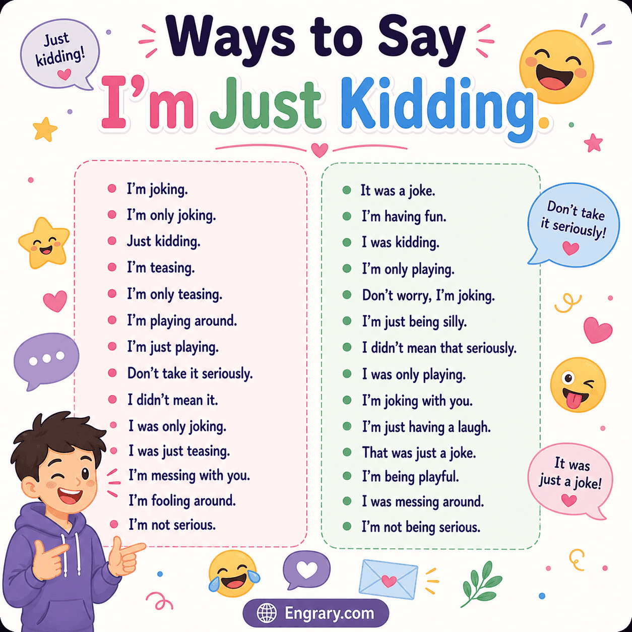 Other ways to say “I’m just kidding” in English with polite, professional, casual, text, teasing, and soft apology phrases.