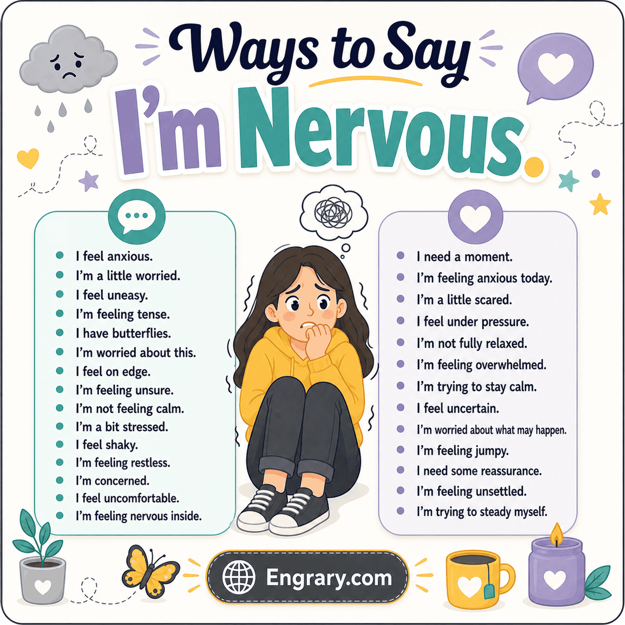 Calm ways to say “I’m nervous” before an interview or exam with phrases for pressure, preparation, presentations, tests, and important meetings.