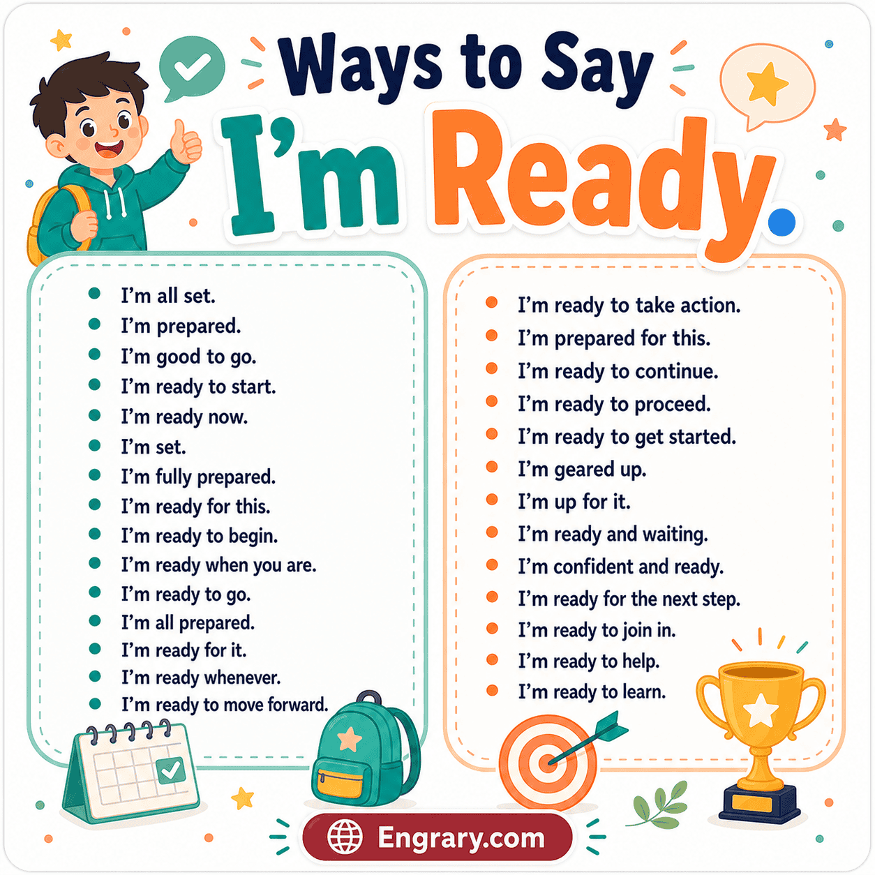 120 ways to say “I’m ready” in English with professional, polite, casual, confident, excited, work, travel, and text-friendly phrases.