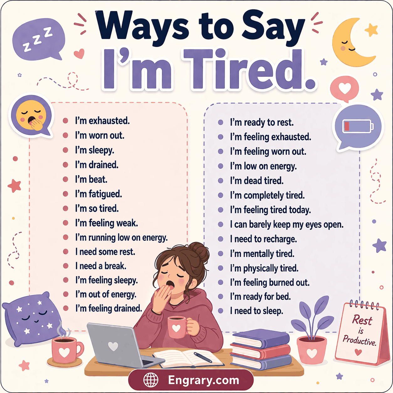 Better ways to express tiredness in English with polite, professional, casual, sleepy, physical, mental, and emotional tiredness phrases.