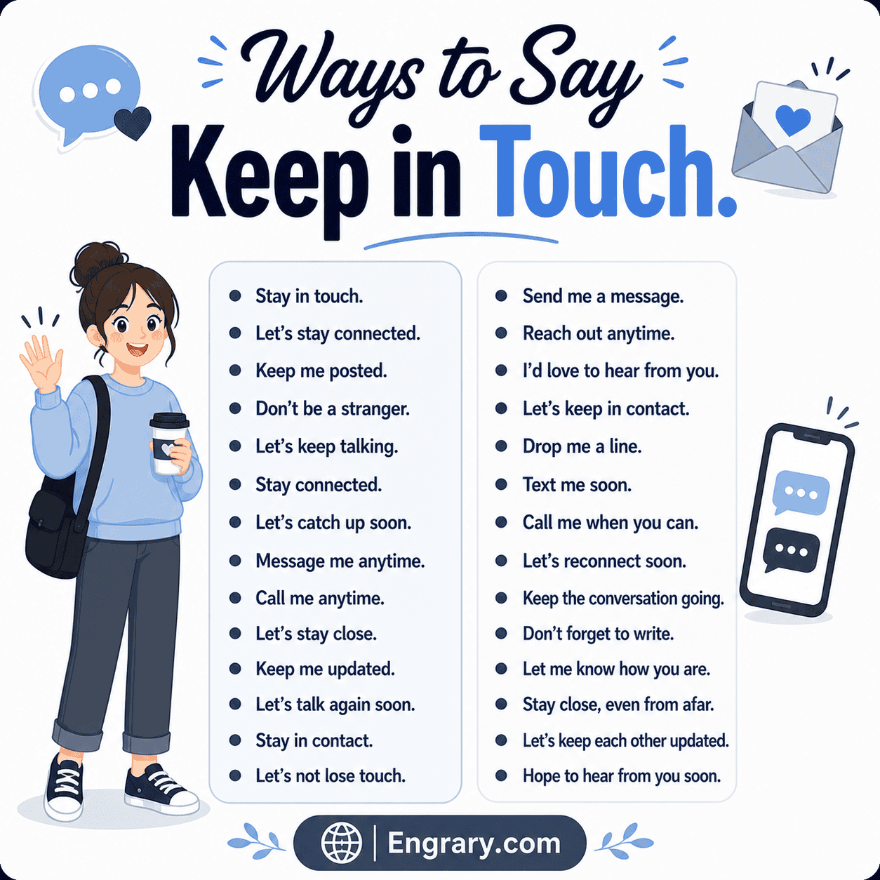 Keep in touch phrases for work and texts in English with professional email wording, casual replies, networking phrases, and friendly stay-connected expressions.