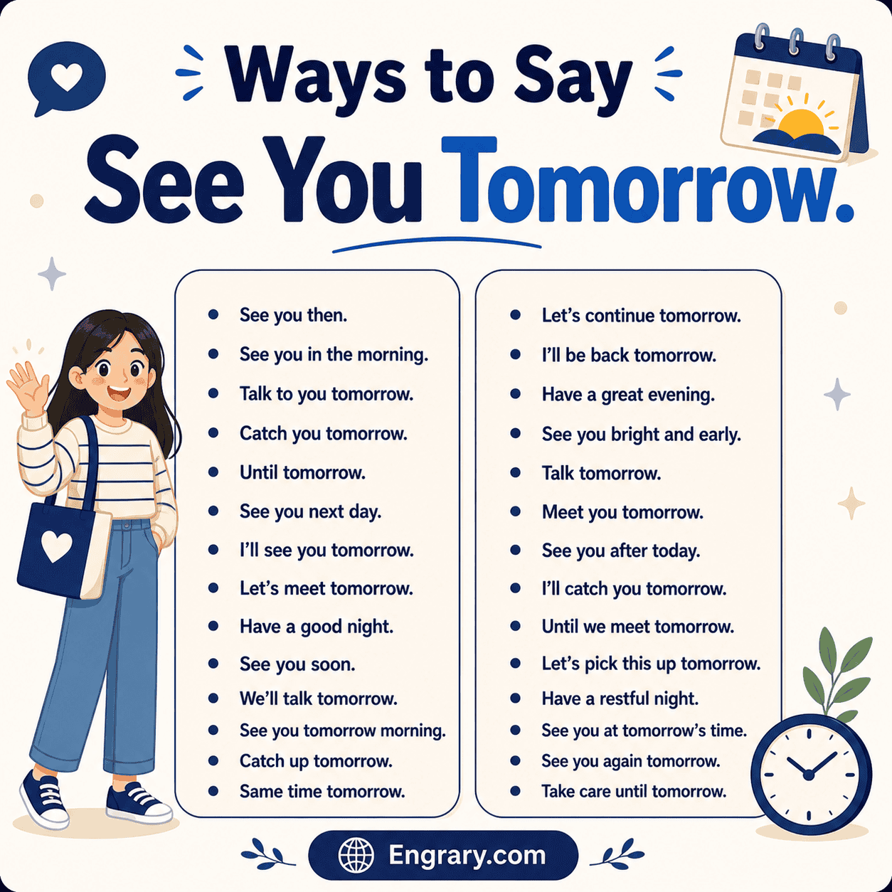 68 see you tomorrow alternatives in English with phrases for work, texts, meetings, school, goodnight messages, and daily goodbyes.