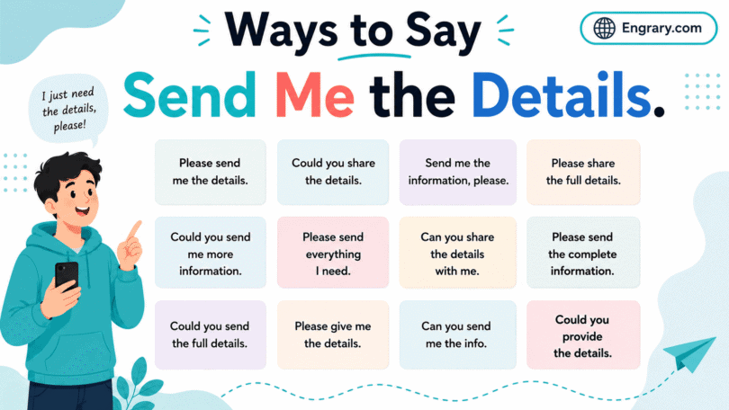 Professional ways to say “Send me the details” in English with polite phrases for business emails, client messages, documents, meetings, quotes, and follow-ups.