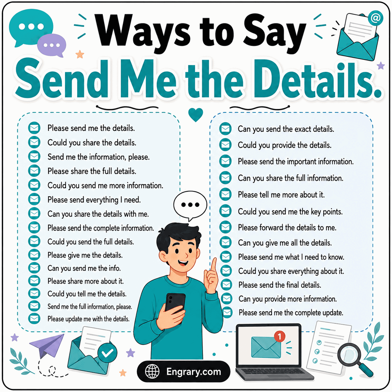 Other ways to say “Send me the details” in English with polite phrases for emails, workplace chats, client messages, documents, pricing, and follow-ups.