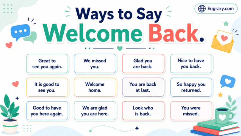 Welcome back phrases for work and texts in English with polite, professional, friendly, and casual return greetings.