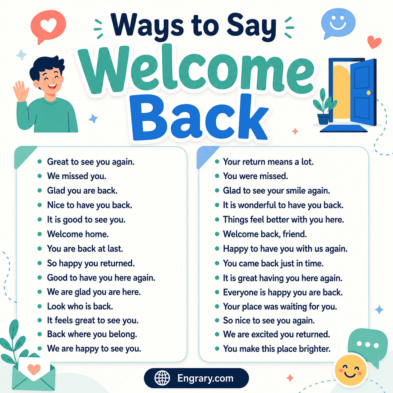 Polite and professional ways to say welcome back in English with phrases for work, school, customers, websites, and friendly greetings.