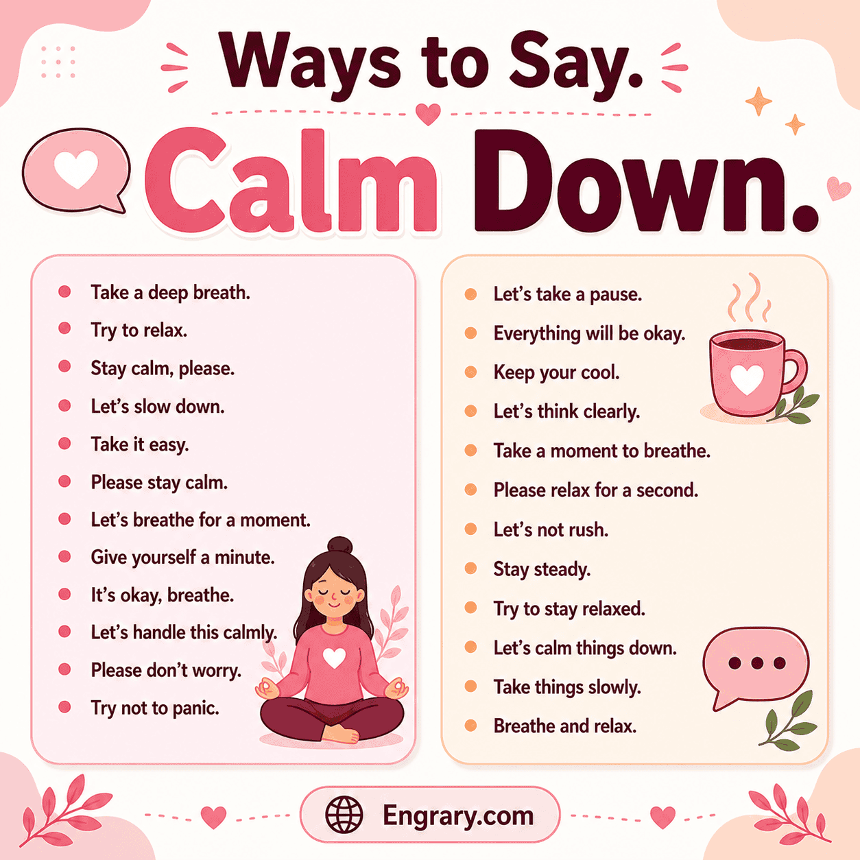 Calm down alternatives that sound supportive in English with polite phrases for stress, anxiety, anger, work, kids, and texts.