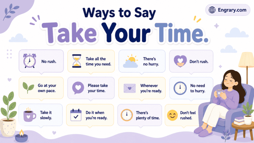 Take your time phrases for emails and messages in English with polite, professional, casual, and reassuring no-rush alternatives.