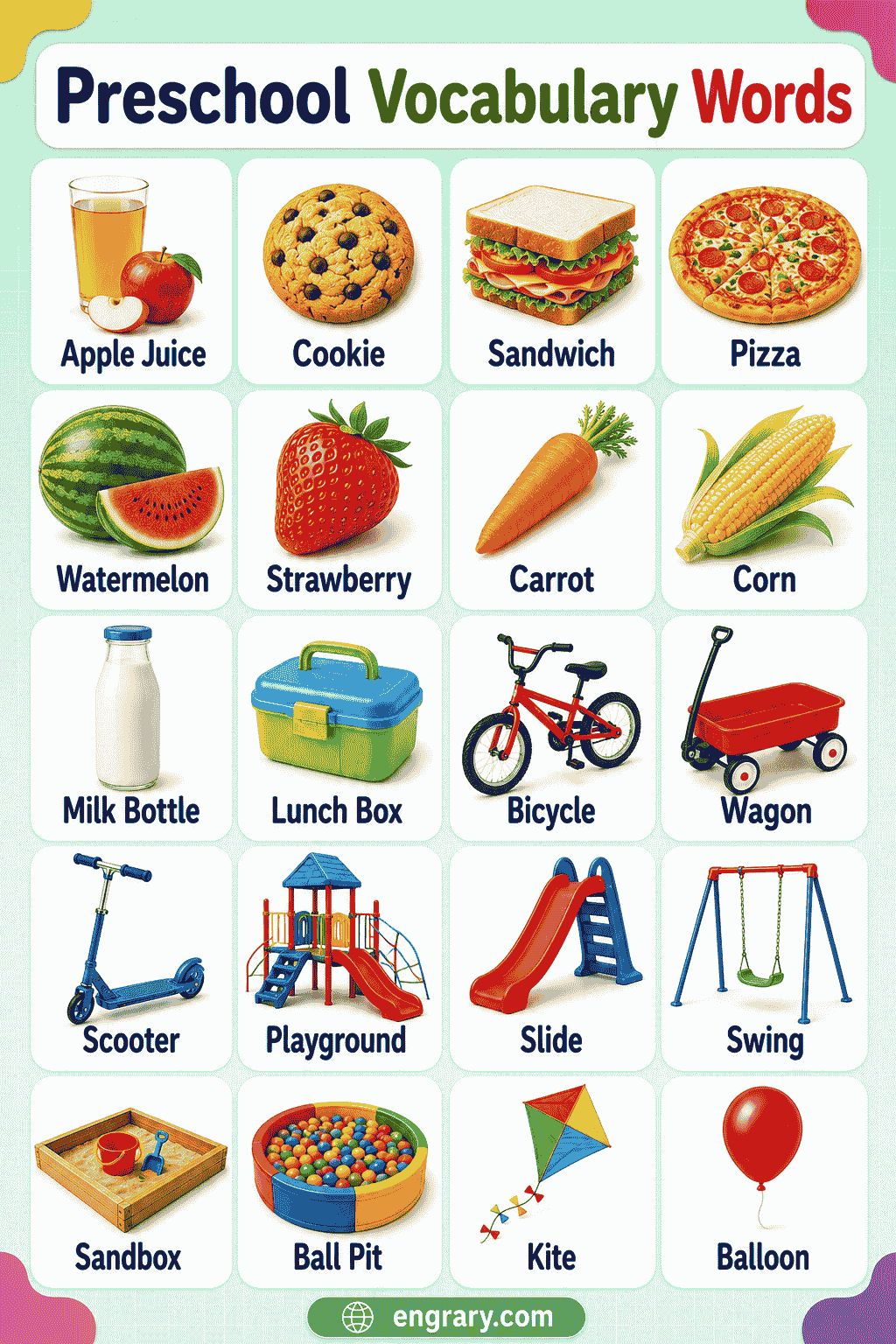 Preschool Word List with Meanings and Sentences
