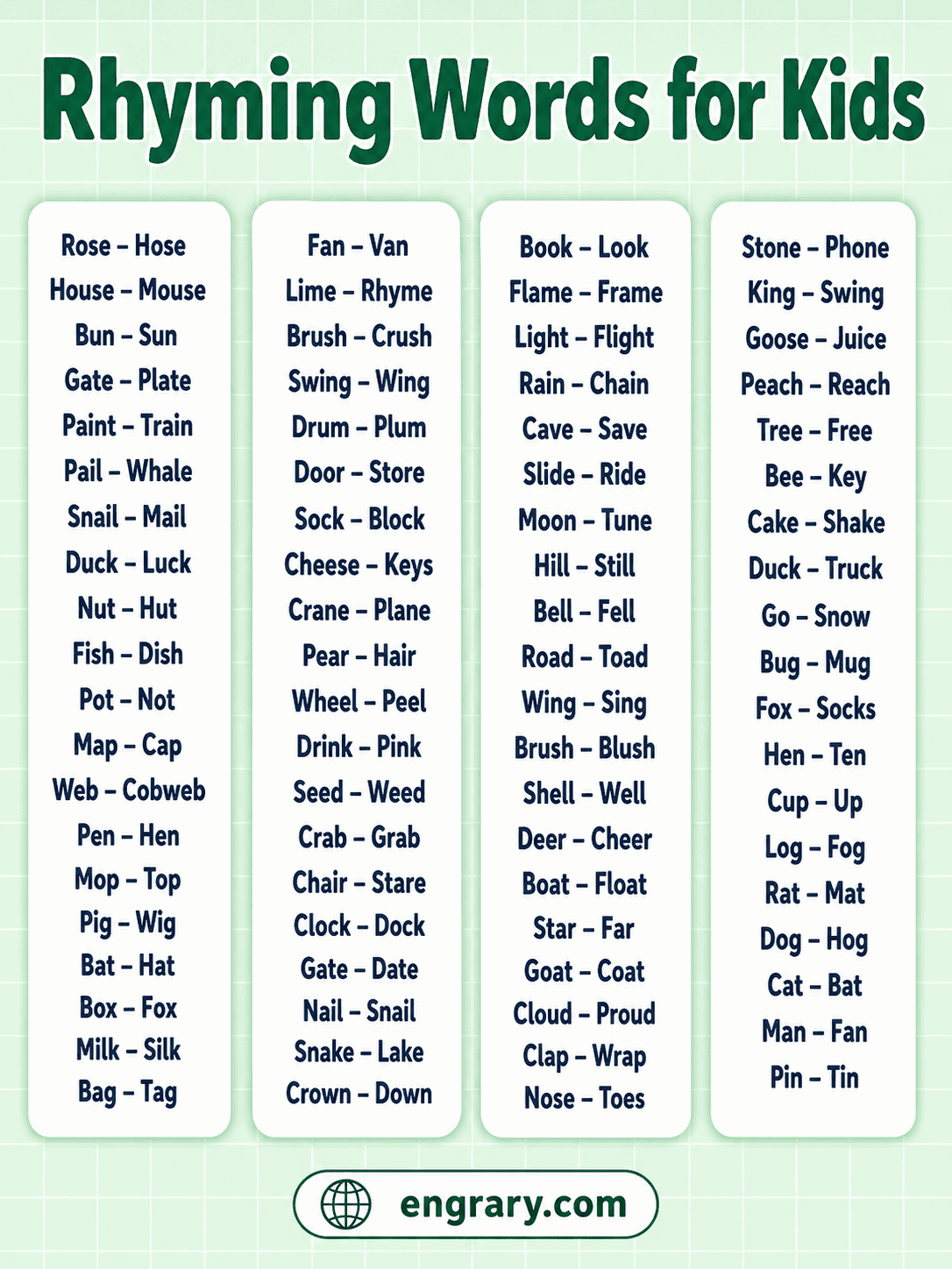 Rhyming Words List for Kids with Pictures