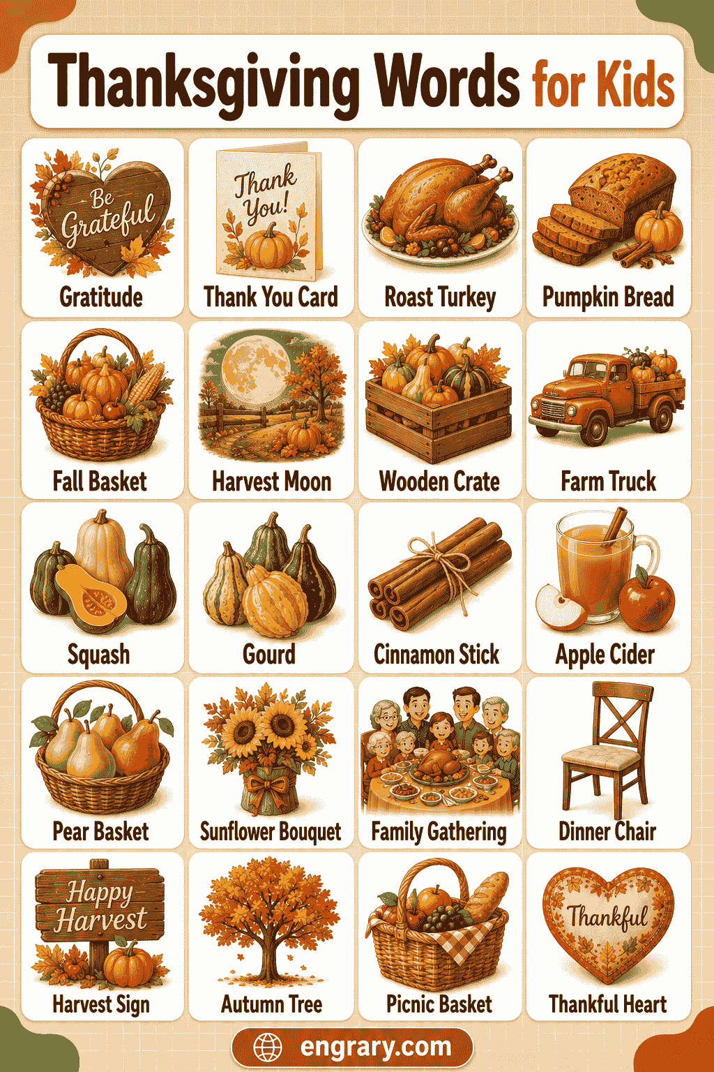 Thanksgiving Words for Kids A to Z with Meanings
