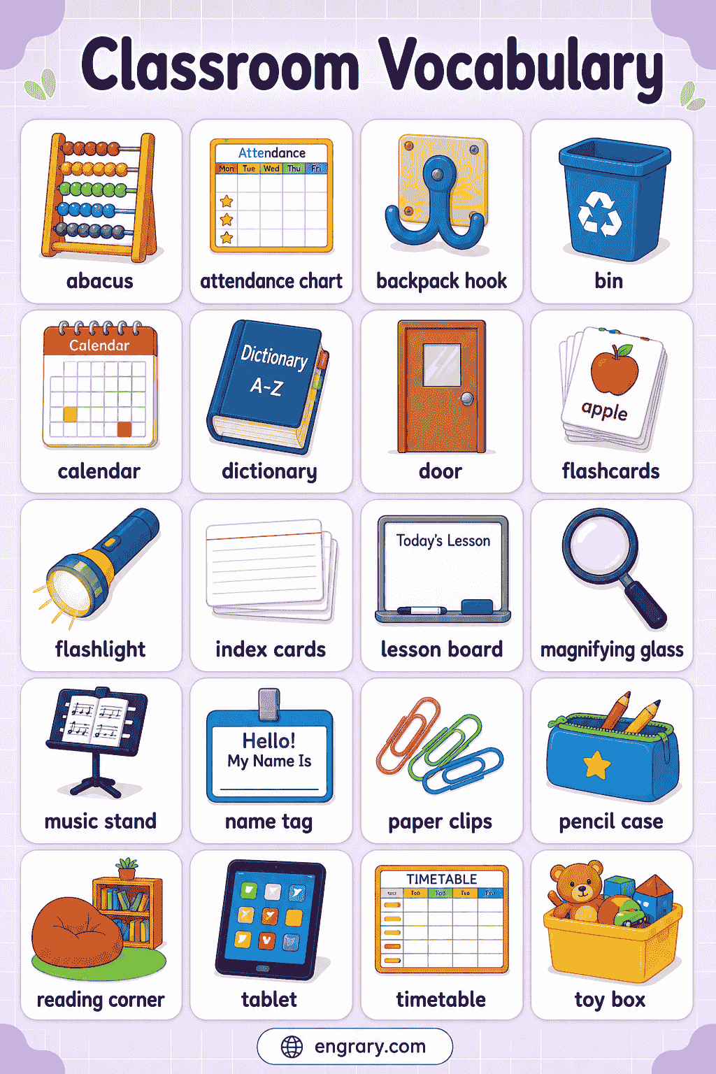 Classroom Vocabulary for Kids with Meanings