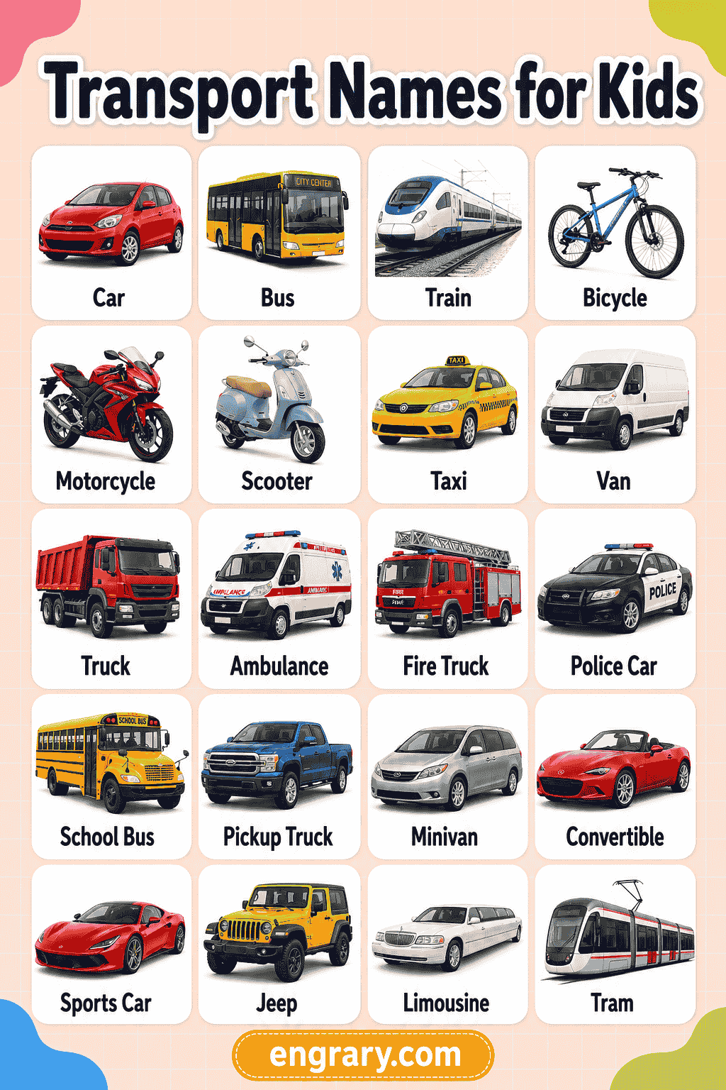 Common Transport Names for Kids with Meanings and Pictures
